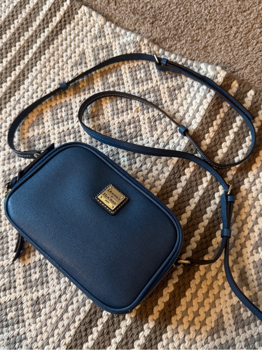 Dooney & Bourke Blue Double Zip Saffiano Sawyer Crossbody Bag with Gold Plaque